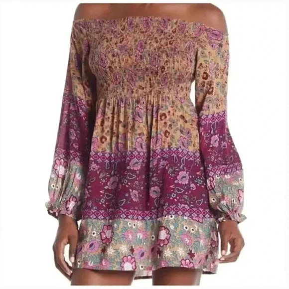 Anthropologie Raga Faye Off-The-Shoulder Dress Size XS Smocked Purple Cottage - Picture 2 of 8